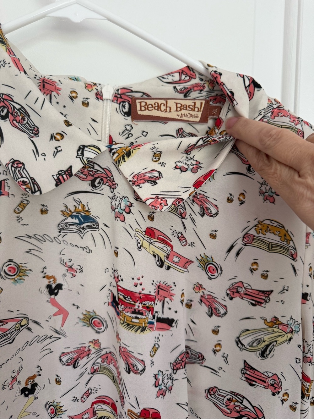 Tatyana Beach Bash! White Dress with Pink, Red and Yellow Retro Car Print